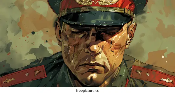 A soldier with a red hat and green uniform is crying.