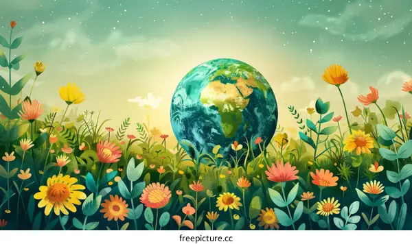 Beautiful Earth Day illustration with flowers and plants
