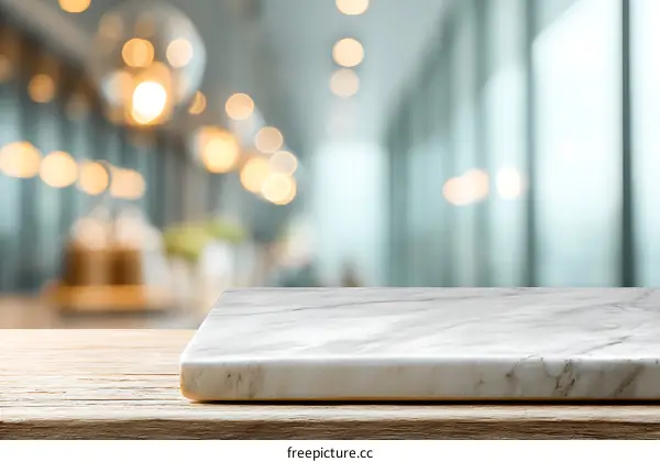 Marble Tabletop Against a Blurred Restaurant Background