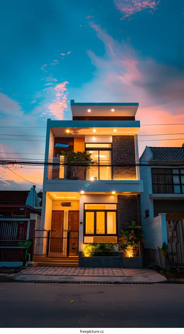 Modern House Exterior With Sky And Lights At Dusk