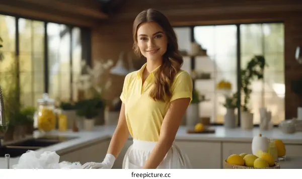 Portrait of a young woman in a yellow shirt and white apron standing in a kitchen