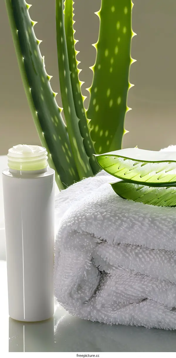 Aloe Vera Plant Leaves Cream Bottle and Towel on White Surface
