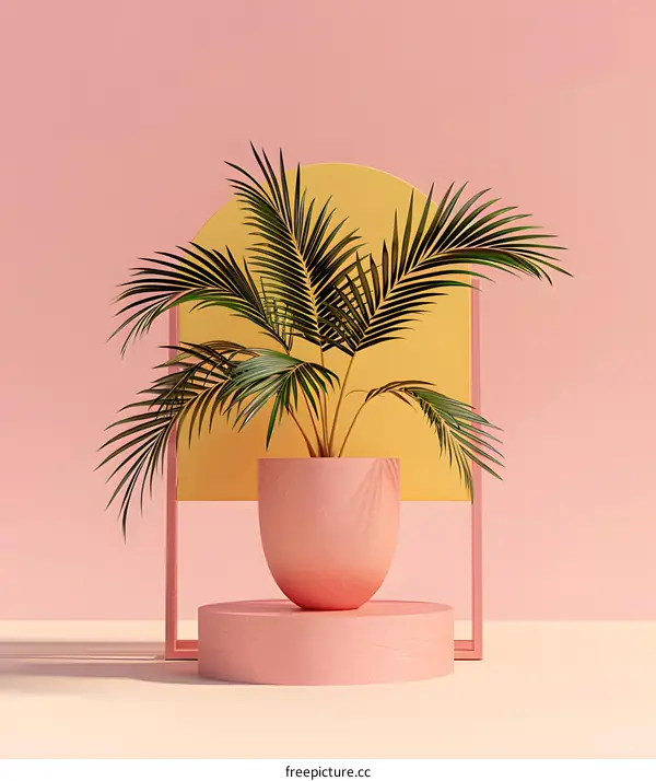 Minimalist Palm Tree In Pink And Yellow Background