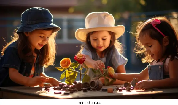Three little girls are planting flowers in the garden