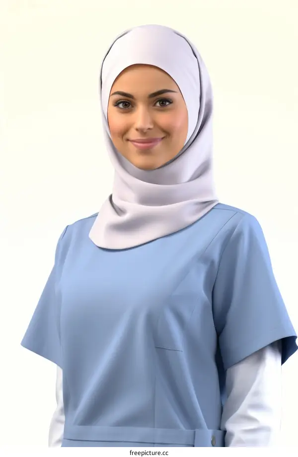 A young middle eastern woman wearing a hijab and a blue uniform is smiling at the camera.