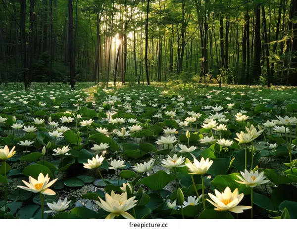 Tranquil Sunrise over a Serene Forest Pond with Blooming Water Lilies