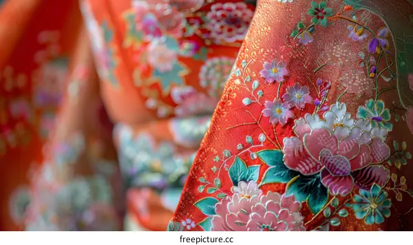Close up of a red kimono with floral embroidery