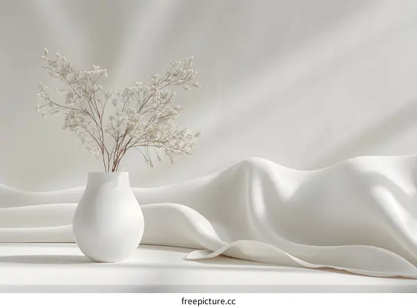 White vase and white flowers on white background