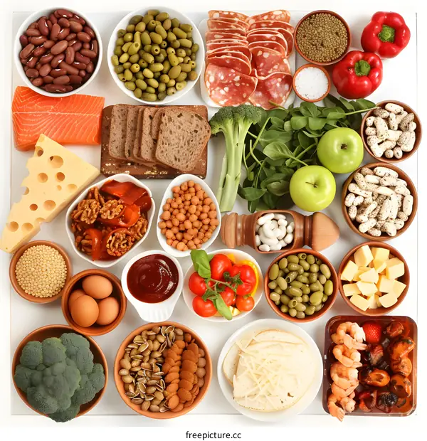 Variety of Healthy Foods On White Background