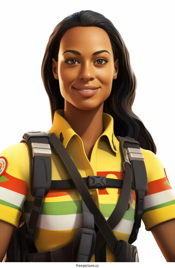 Smiling woman wearing yellow shirt with green and red stripes and black backpack