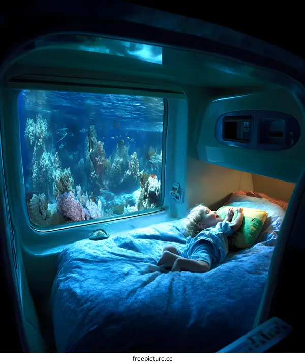 Child Sleeping In Underwater Bedroom With View Of Coral Reef