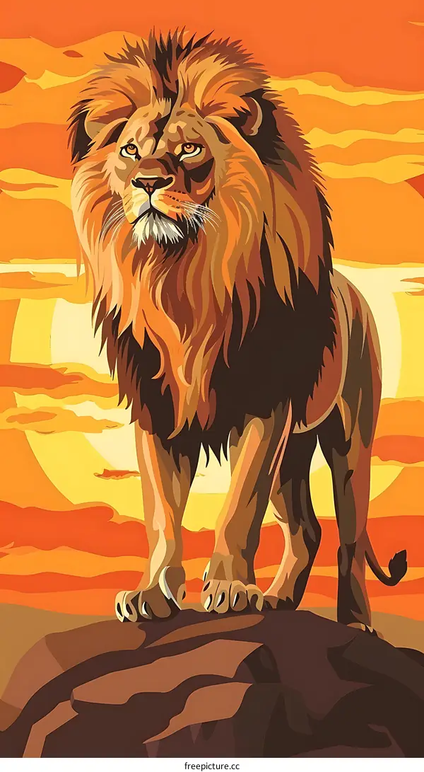 Majestic Lion Standing on a Rock at Sunset
