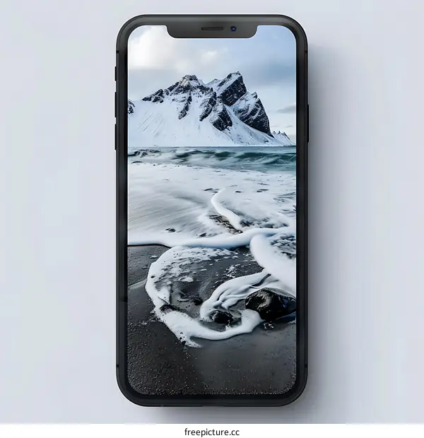 Black Smartphone with Winter Beach and Mountain View