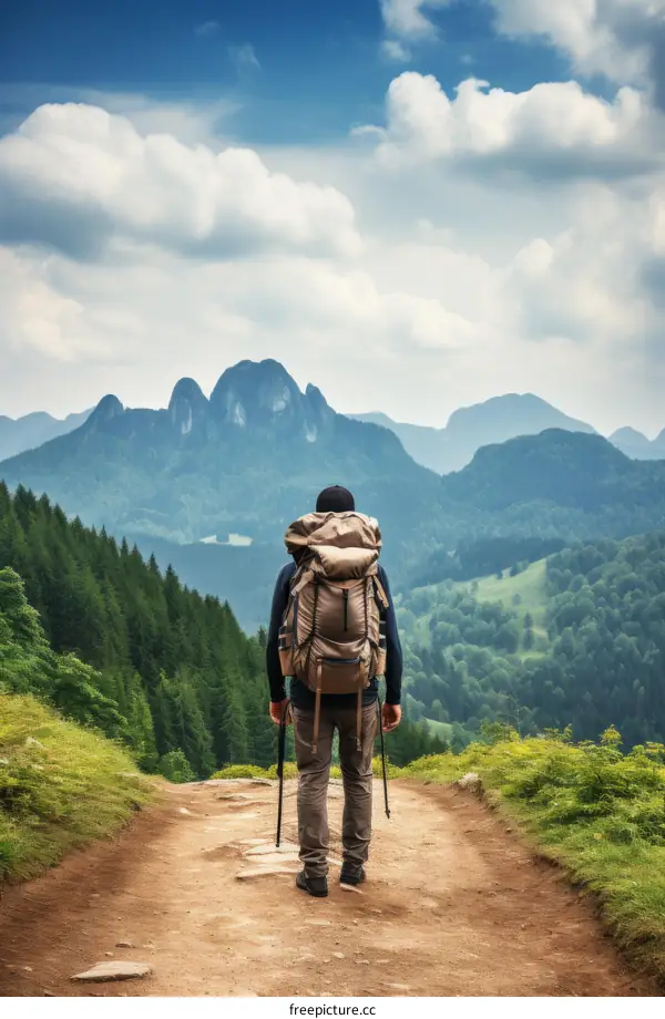 Man with backpack standing on a mountain trail looking at the view