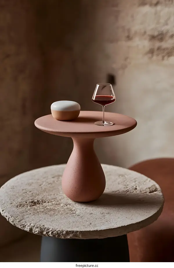 Modern Table With Red Wine Glass And Small Round Object