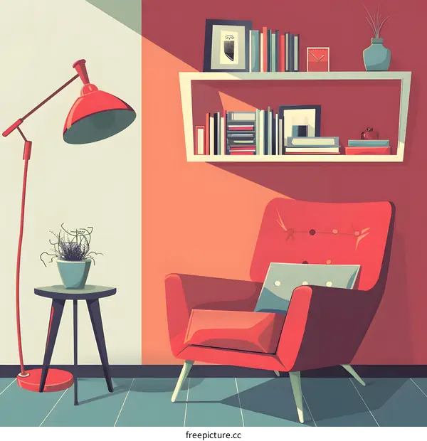 Cozy Living Room with Red Armchair and Bookshelf