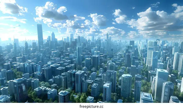 Aerial View of a Modern City with Skyscrapers and Green Spaces