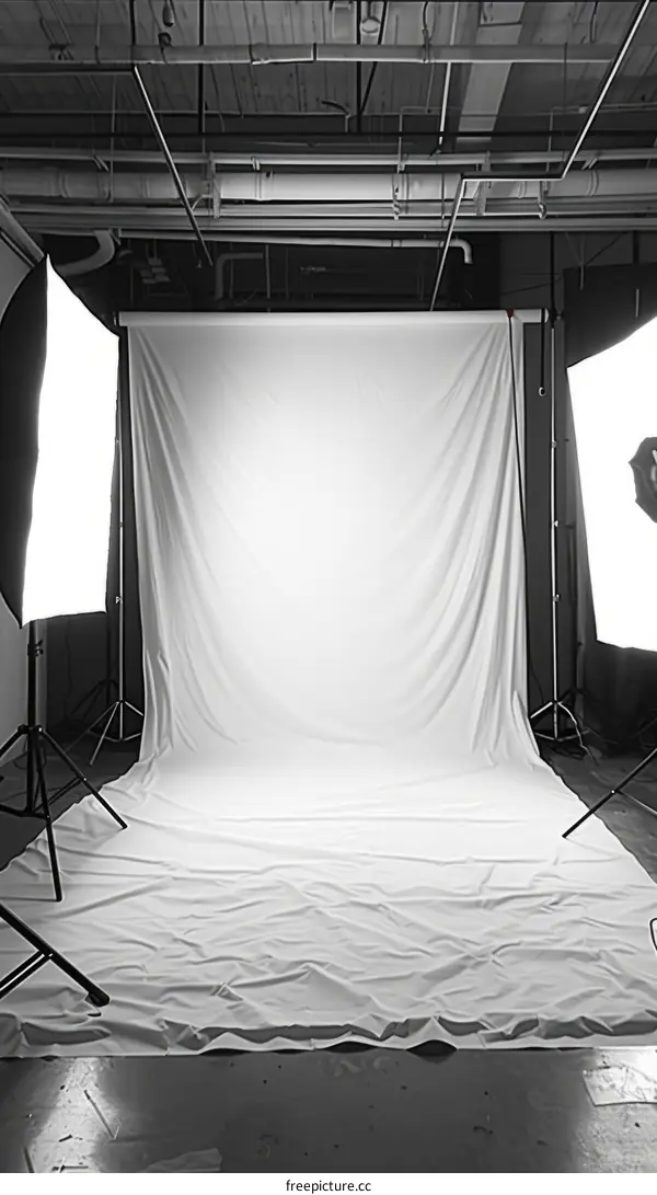 A photo studio with a large white backdrop and lighting equipment