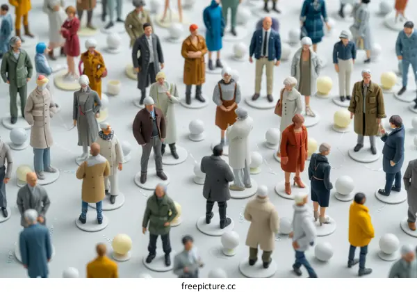 Miniature people figures of various ethnicities standing on a grid with a blurred background