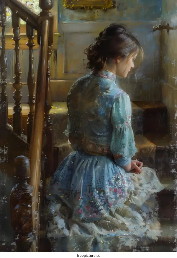 A thoughtful girl is sitting on the stairs