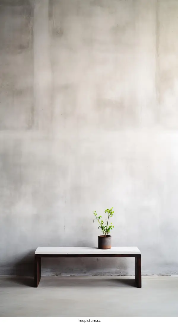 Minimalist Concrete Bench with Plant in Front of Wall