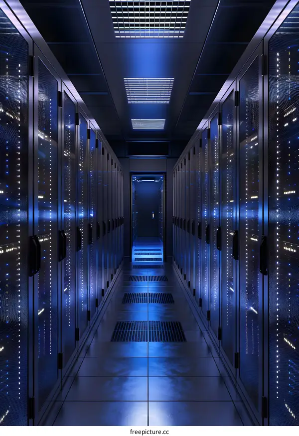 Dark Data Center Corridor with Glowing Server Racks