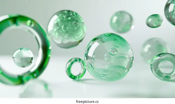 Emerald-Green Spheres and Rings Orbiting in Liminal Space