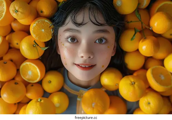 An Asian girl in a blue cheongsam is sitting in a pile of oranges