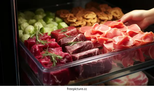 A variety of meats in a glass case at a grocery store