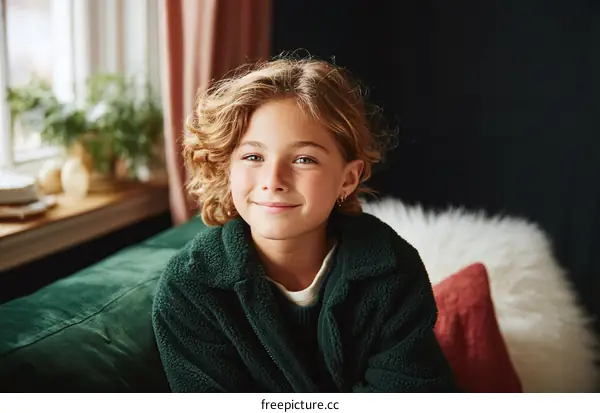 Smiling Girl in a Green Robe at Home