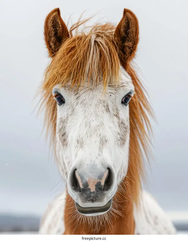Close-up of a white and brown horse looking at the camera