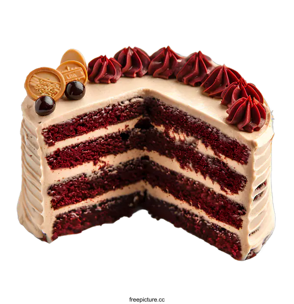 [Transparent Background PNG]A slice of red velvet cake with chocolate frosting on a white background