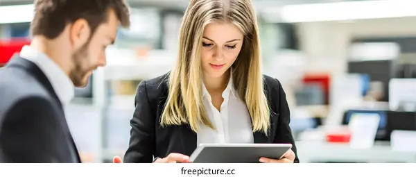 Two Business People Discussing Business on Tablet