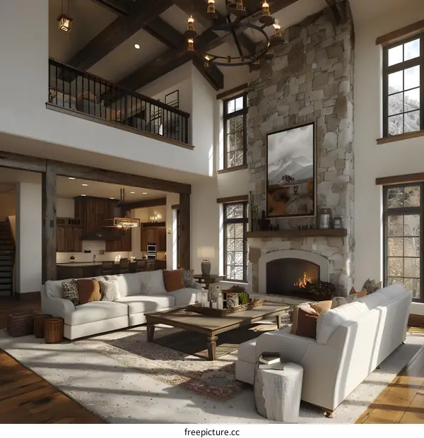 Rustic mountain home interior with stone fireplace