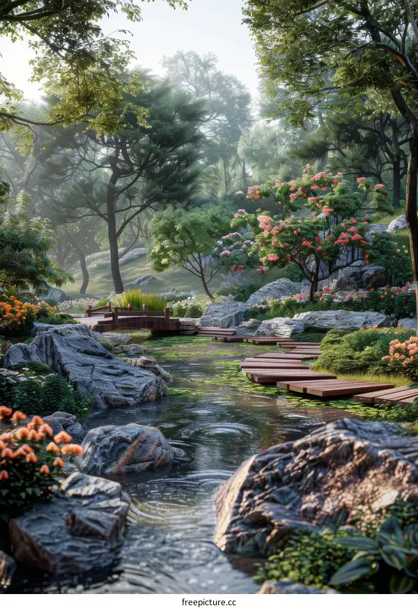 Zen Japanese Garden with Waterfall and Wooden Bridge