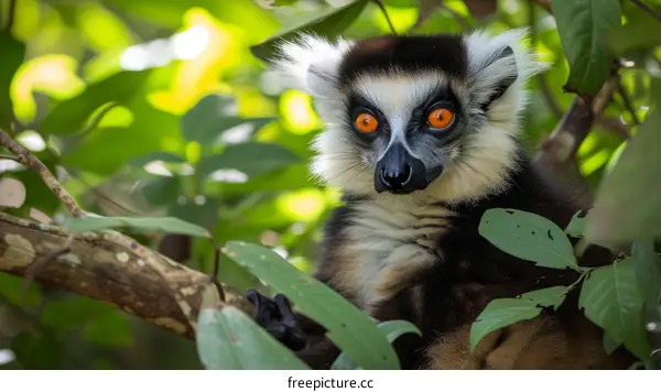 A black and white ruffed lemur staring at the camera with a curious expression on its face