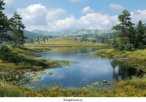 Tranquil Mountain Lake amidst Verdant Hills and Azure Skies