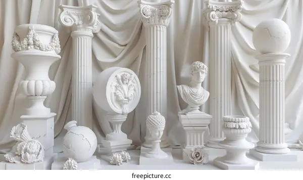 Elegant White Columns and Architectural Sculptures
