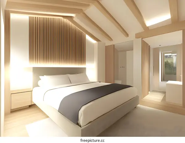 Modern Minimalist Bedroom Interior Design With Wooden Beams And Slatted Wall