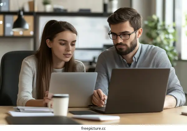Two Caucasian Colleagues Collaborating on Laptops