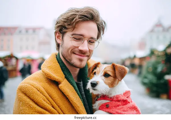 Man Holding a Dog in Christmas Market