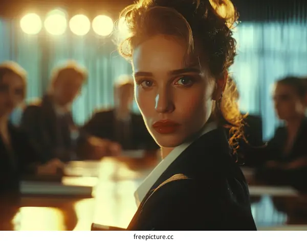 Confident businesswoman in a meeting with a group of people in the background