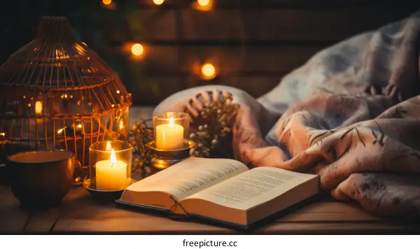 Cozy Reading Nook with Book, Candles, Blanket