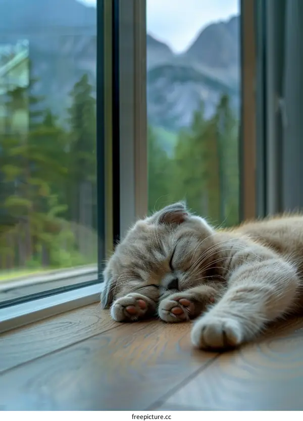 A cute cat is sleeping in front of a window