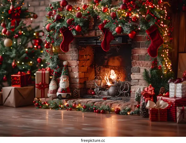Christmas Decor by Fireplace and Christmas Tree