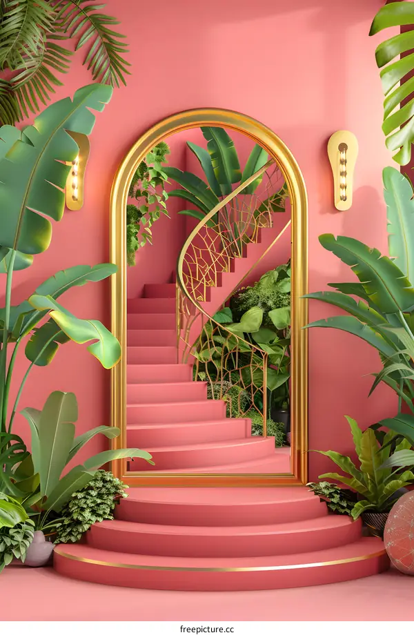 Pink Interior With Golden Mirror And Tropical Plants
