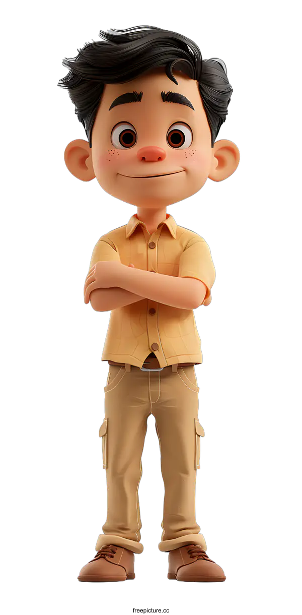 [Transparent Background PNG]A 3D rendering of a young boy with brown hair and brown eyes. He is wearing a yellow shirt and brown pants.