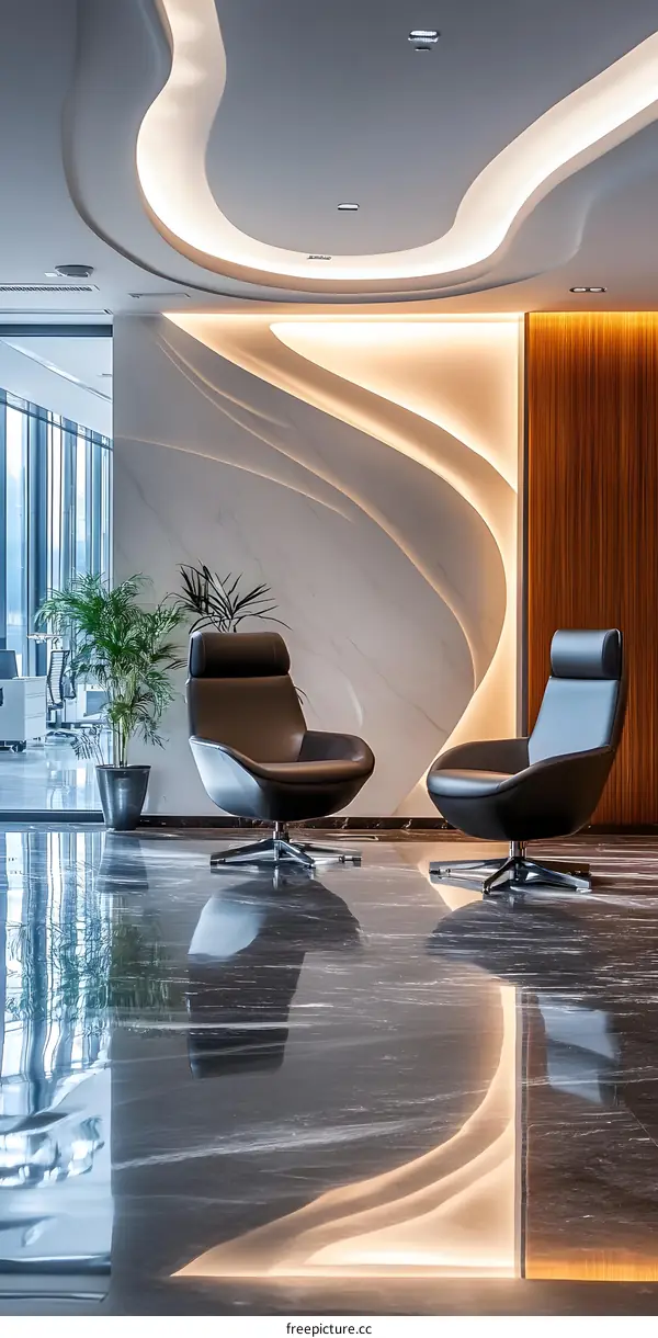 Modern Office Interior Design with Curved Ceiling and Two Black Leather Chairs