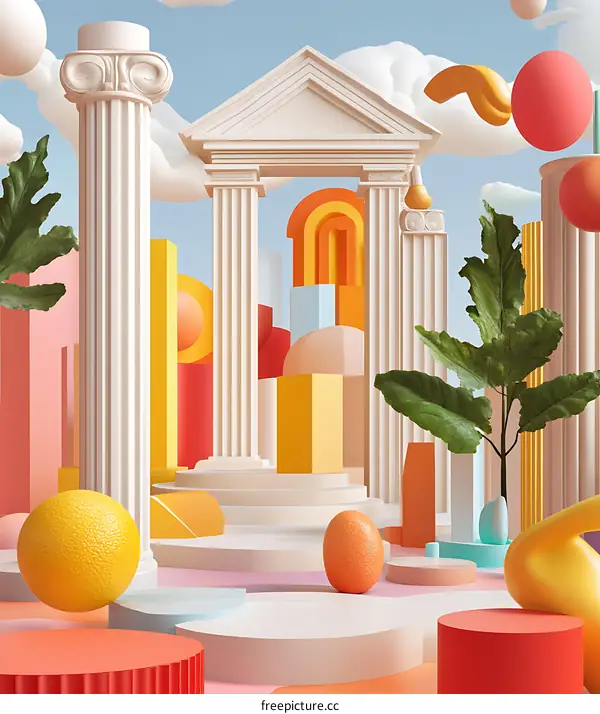Abstract 3D Render of Classic Architecture With Colorful Geometric Shapes