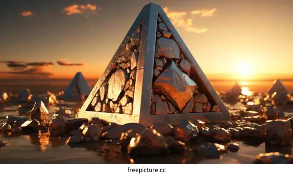 Golden and Silver Pyramids on the Beach at Sunset